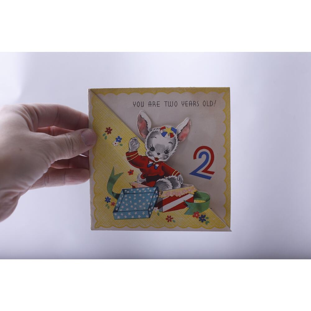 Cute Bunny in Gift Box, Two Years Old Birthday, Greeting Card, Used